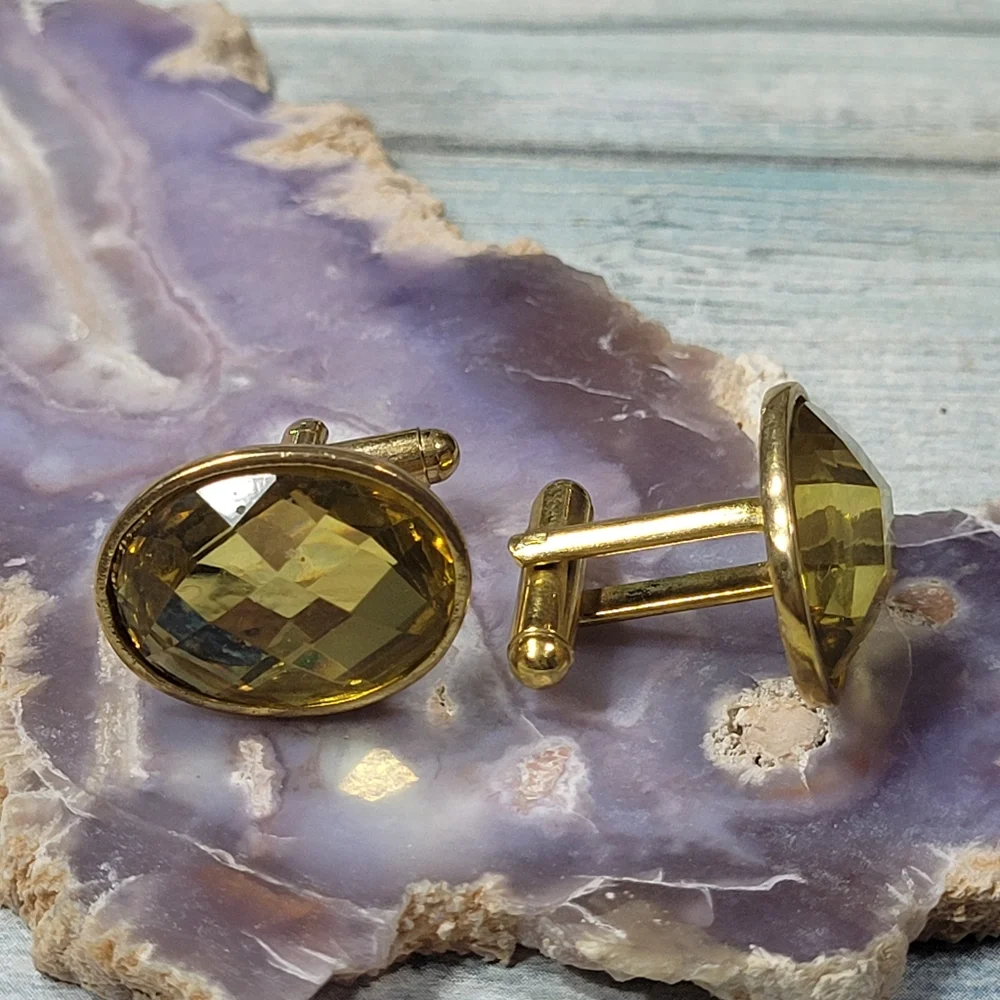 Yellow Plastic rhinestone Cuff Links.